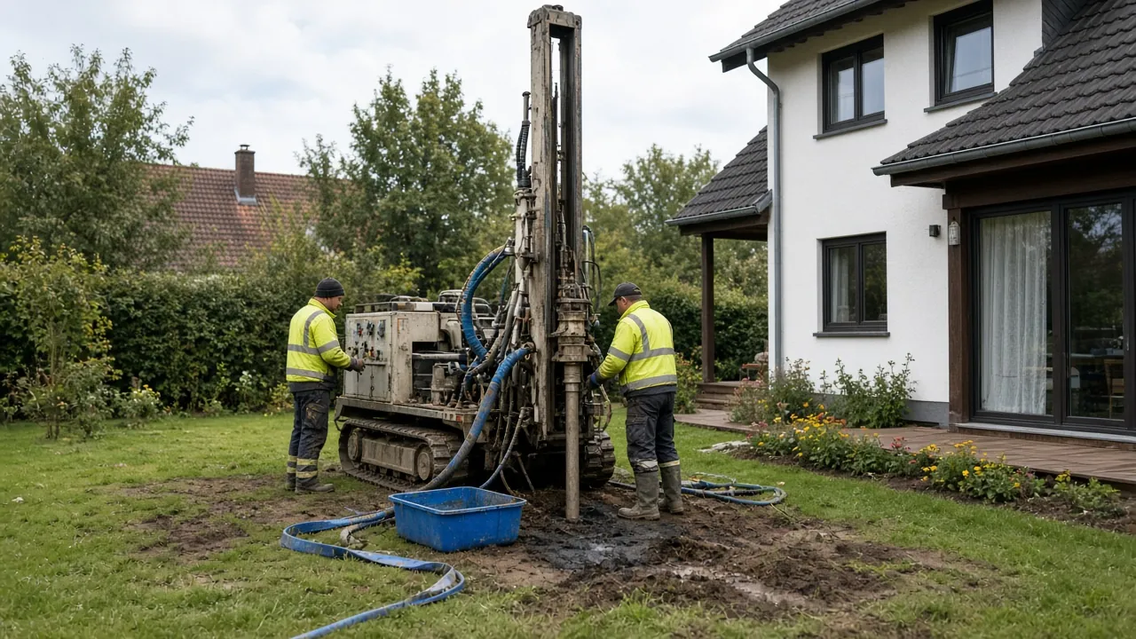 Bohrgerät für eine Erdwärmesonde im Garten eines Einfamilienhauses, zwei Arbeiter in Warnkleidung