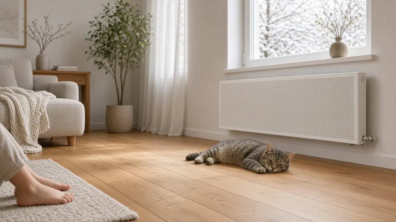 Helles Wohnzimmer mit Holzboden und großem flachen Heizkörper unter dem Fenster, eine Katze liegt auf dem Boden