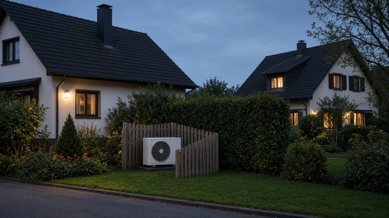 Abendliche Wohnstraße, zwischen zwei Häusern ein Wärmepumpen-Außengerät hinter einer Holz-Schallschutzwand