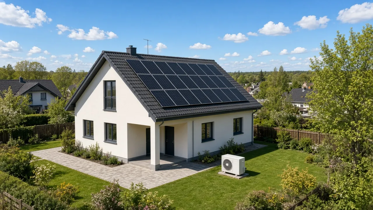 Einfamilienhaus mit schwarzen Solarmodulen auf dem Dach und Wärmepumpe im Garten an einem sonnigen Frühlingstag