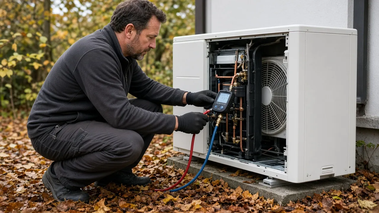Techniker prüft mit einem digitalen Manometer eine geöffnete Wärmepumpen-Außeneinheit, Herbstlaub auf dem Boden
